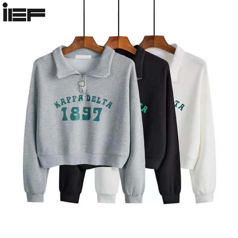 Ief áo len dài tay ngắn cổ polo áo khoác nữ dáng rộng in chữ
