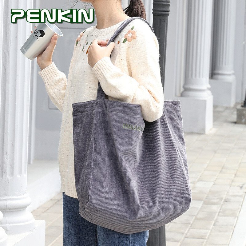 Penkin Túi Tote Vải Bố Cho Nữ Túi Đeo Vai Thêu Nhung Kẻ Túi Vải