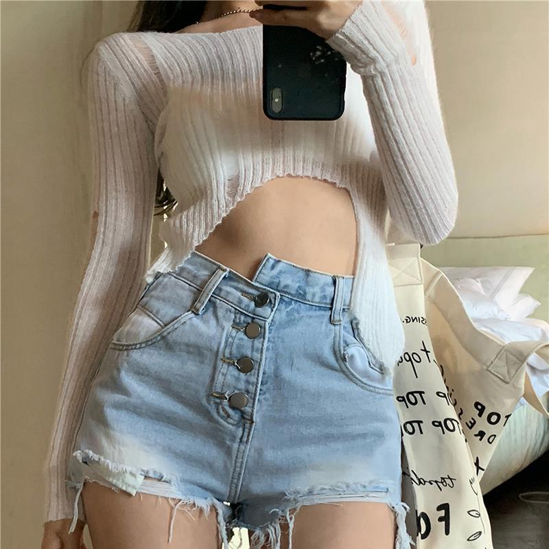 Cocoi quần bò cạp cao rách bất đối xứng quần ống rộng ôm sát cắt gấu phong cách hàn quốc mới cho nữ