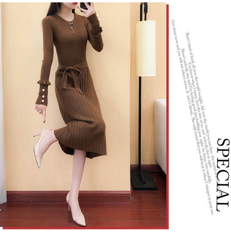 2020 spring new women's long knitted dress long sleeve sweater dress autumn and winter base wool skirt