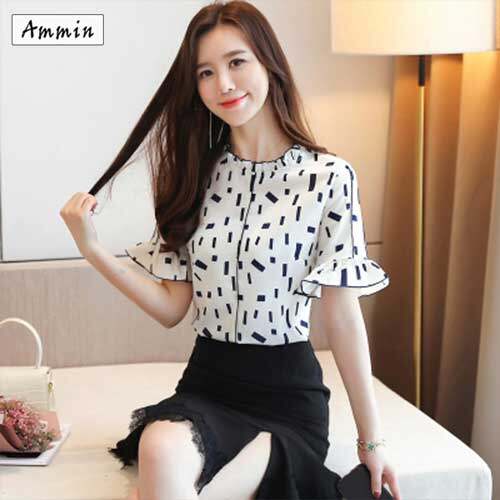 AMMIN Hàn Quốc 0-Cổ Áo Màu In Voan Áo Sơ Mi Ngắn Tay Áo Kích Thước Lớn Lỏng Hàng Đầu Của Phụ Nữ Thời Trang Áo Sơ Mi Văn Phòng Mặc Áo