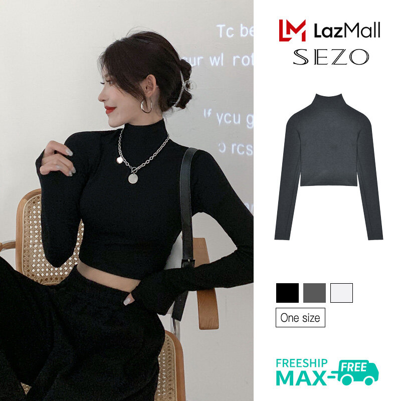 SEZO Áo Thun Nữ Dài Tay Ấm Áp Cổ Cao Màu Trơn Mỏng Hàn Quốc
