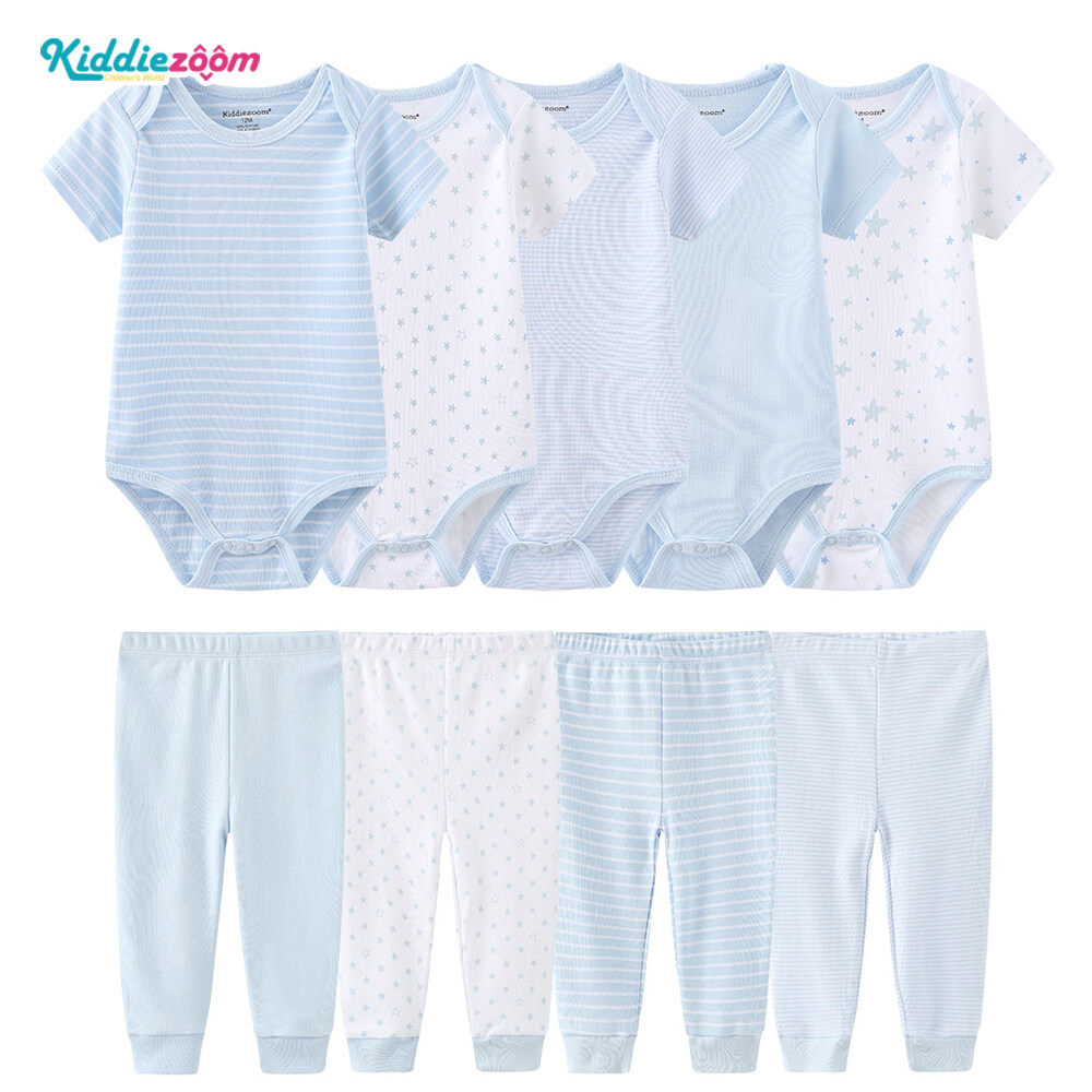 Kiddiezoom Newborn Baby Boy Girl Clothes Cotton 9Pcs Fashion Stripe Infantil Toddler Costume 5 Romper+4 Pants Sets Stars Style 100% Cotton