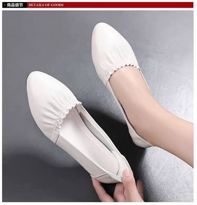 wtMei korean wedge leather mother shoes Women's Soft Bottom Shallow Mouth White Leather Shoes Soft Leather Pointed Flat Shoes