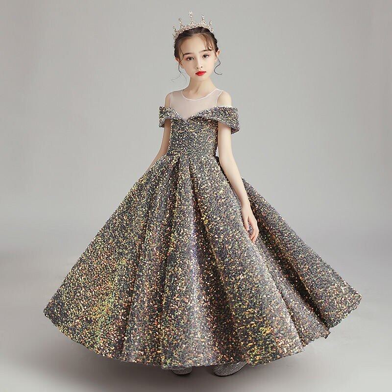 Teen Girl Children Shiny Long Dress Birthday Luxury Party Evening ...