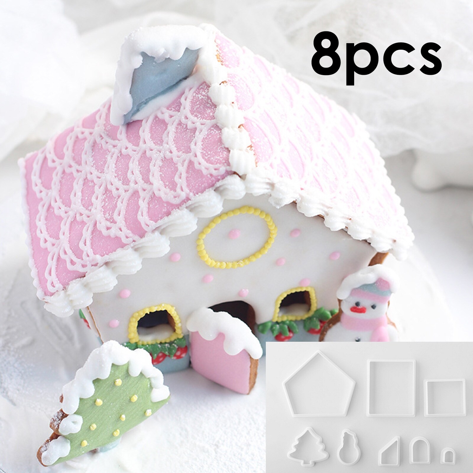 Bộ dụng cụ cắt bánh quy bằng nhựa 8 chiếc khuôn nhà bánh gừng giáng sinh 3d khuôn bánh quy tự làm dụng cụ làm bánh tem bánh ngọt