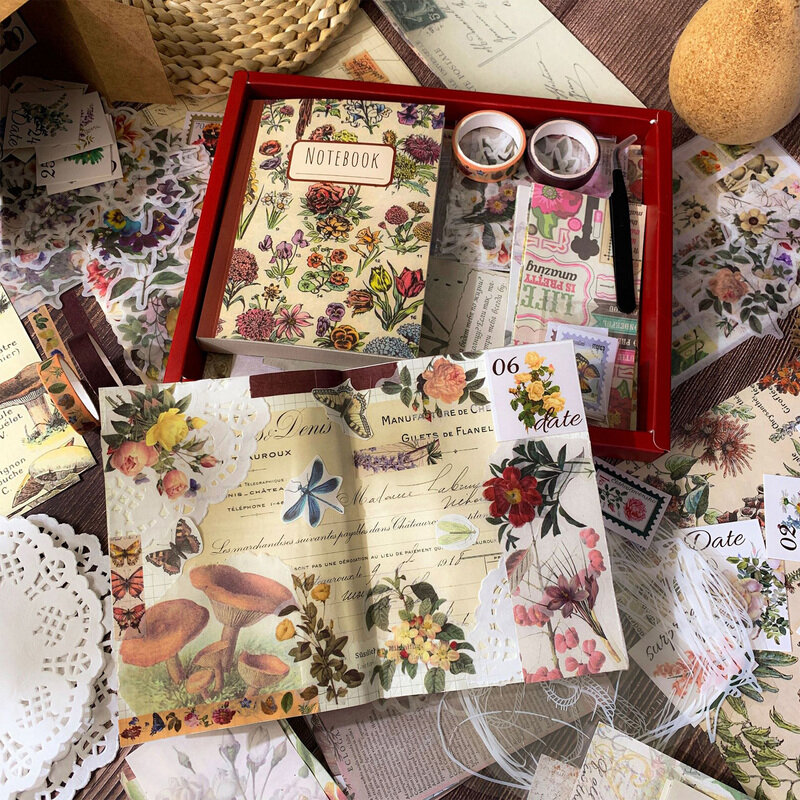 263 cái Bộ sổ lưu niệm cổ điển Bộ dụng cụ Nhật Ký hoa retro nhãn dán hoa trang trí thẩm mỹ dụng cụ làm sổ lưu niệm nhãn dán Nhật Ký hoa retro timtop