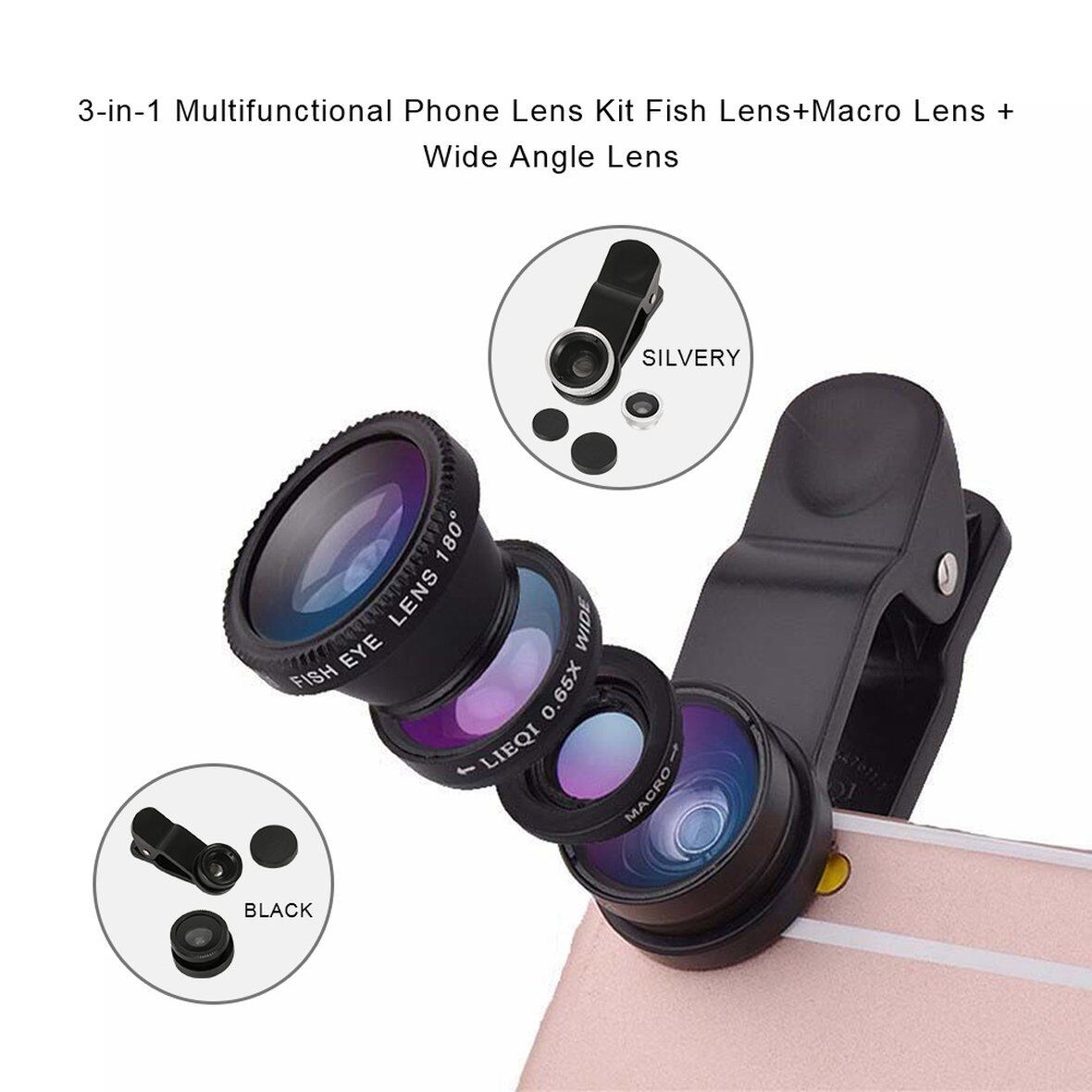 Bộ ống kính điện thoại đa năng 3 trong 1, ống kính cá + ống kính macro + ống kính góc rộng
