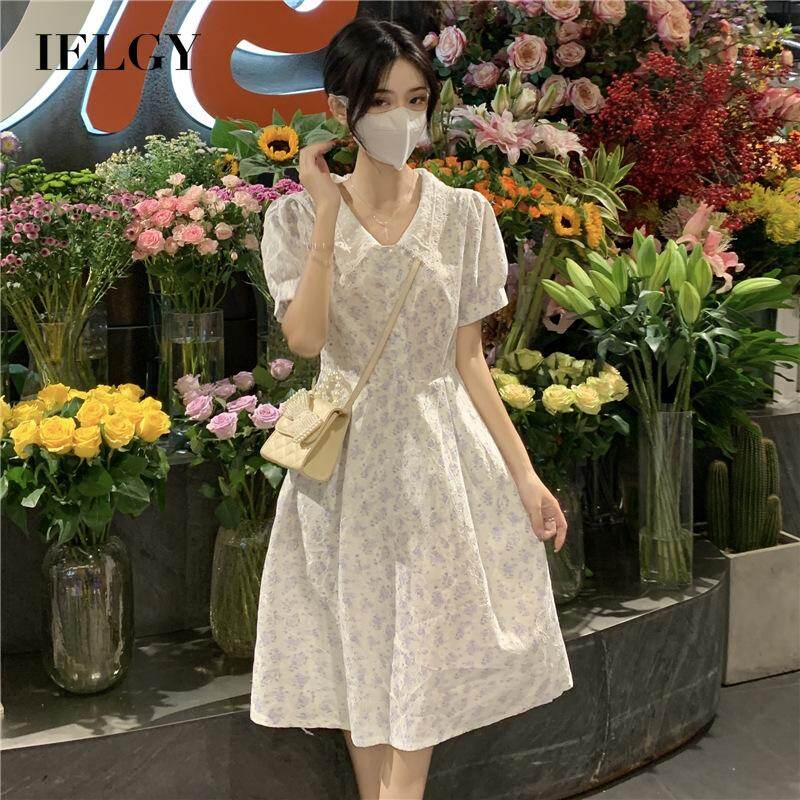Ielgy đầm hoa ngắn tay kiểu pháp cho nữ