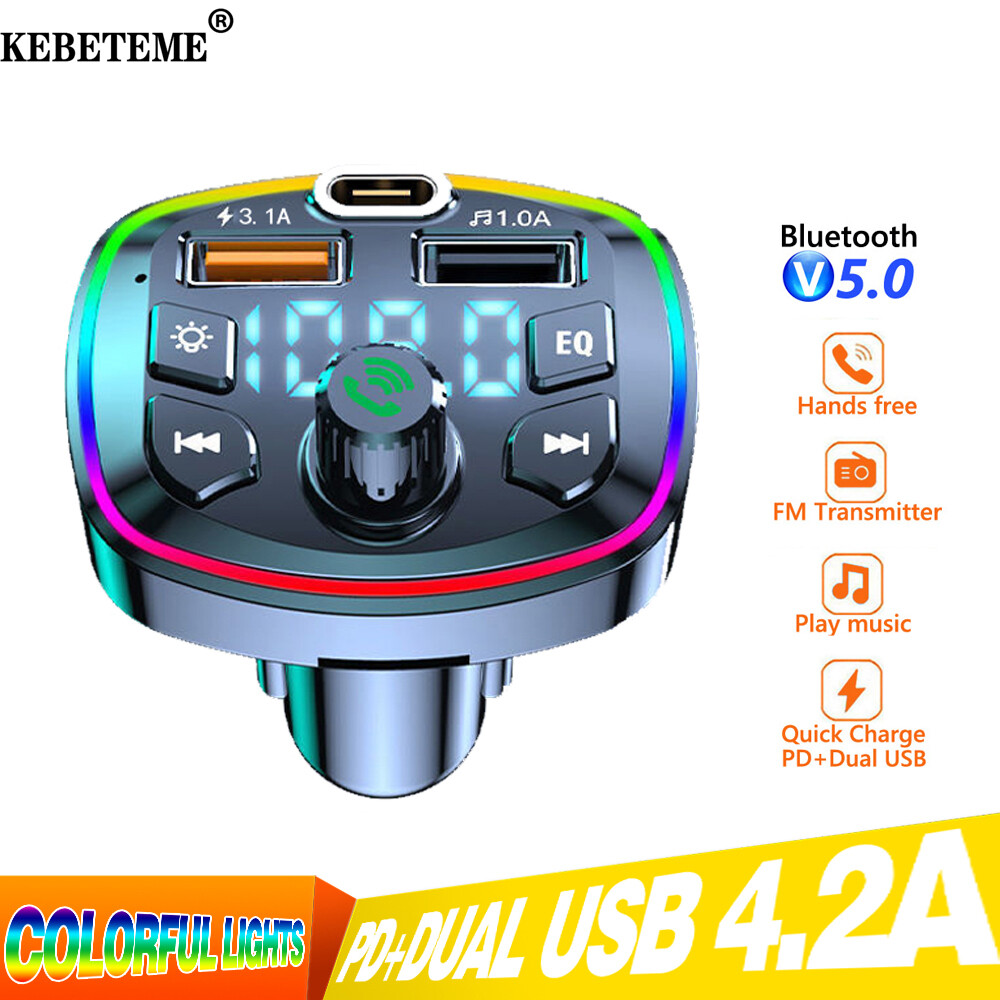 KEBETEME 12-24 V Car Charger Dual USB 3.1A Dual USB+18W PD Port Quick Charge Bluetooth 5.0 Handsfree Audio FM Transmitter USB Fast Charge Car MP3 Player ราคา 136 บาท*ส่งฟรี
