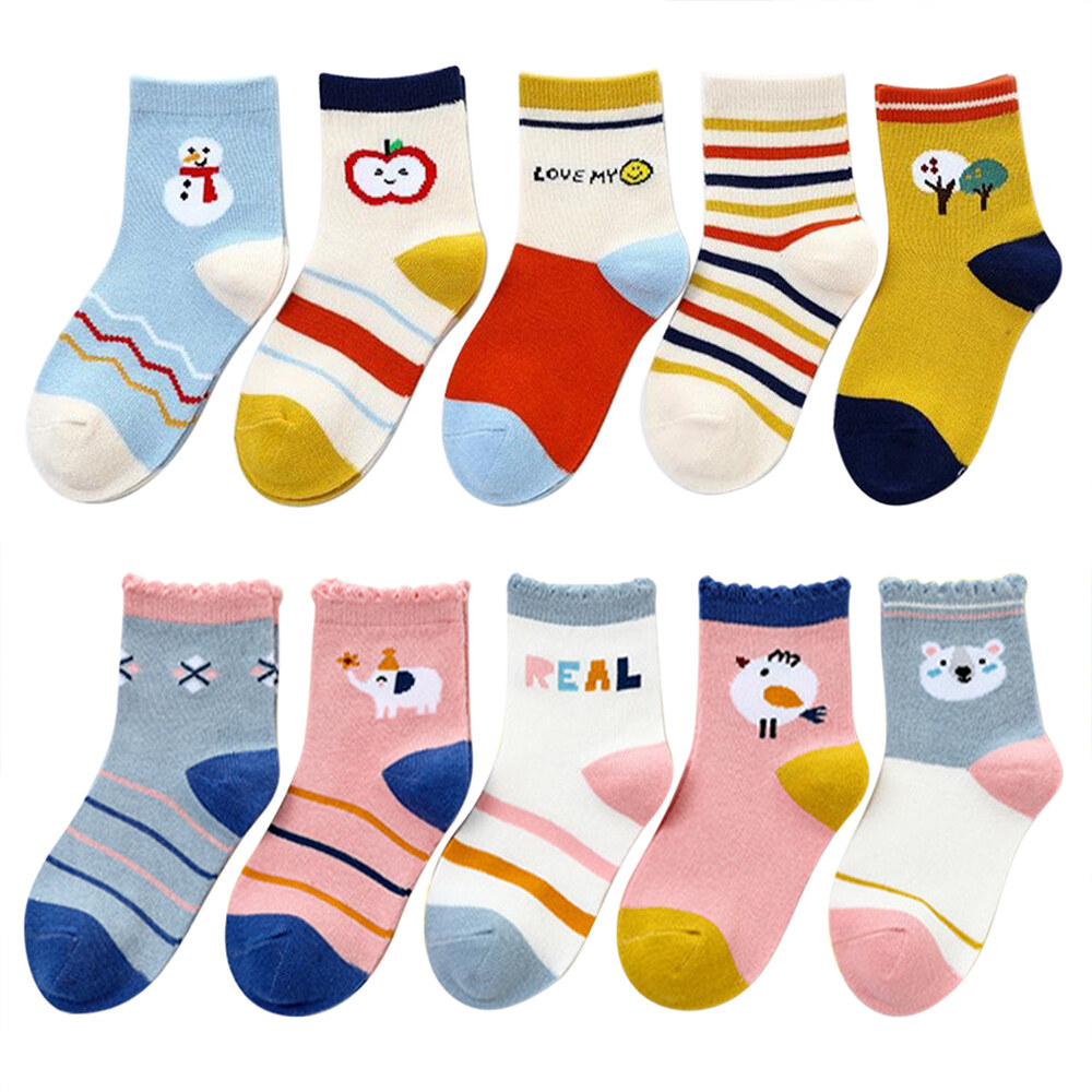 10 đôi vớ trẻ em, vớ cotton hoạt hình dễ thương, xanh dương hoặc hồng mềm thoáng khí thoải mái cho bé trai bé gái từ 1-5 tuổi
