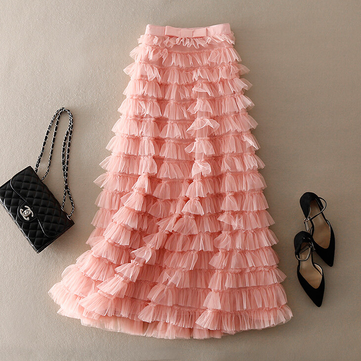 Váy Lưới Dài Xếp Lớp Bánh Ngọt Mùa Hè Váy Công Chúa Xếp Ly Vải Tuyn Xếp Tầng Cổ Điển Xếp Nếp Cạp Cao, 95Cm