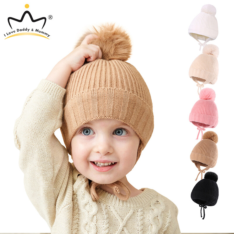 Winter Pom Pom Baby Hat Soft Cotton Solid Color Knitting Hats Boy Girl
