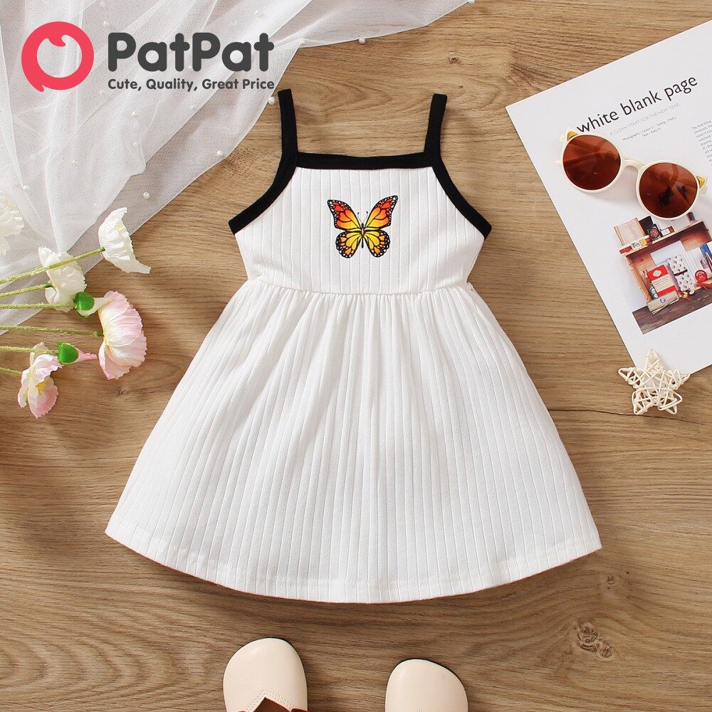 Patpat đầm hai dây gân in hình bướm 95% cotton cho bé gái