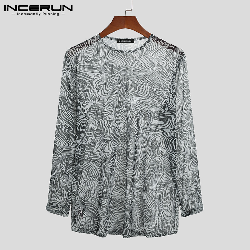 (Phong Cách Phương Tây) INCERUN Áo Thun Nam In Hoa Dài Tay Hippy Áo Lưới Vừa Vặn Thường Ngày