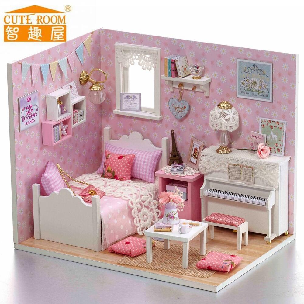 New Doll House Furniture Diy Miniature Dust Cover 3d Wooden Handmade Pink Dollhouse Toys With Led For Kids Christmas Gifts