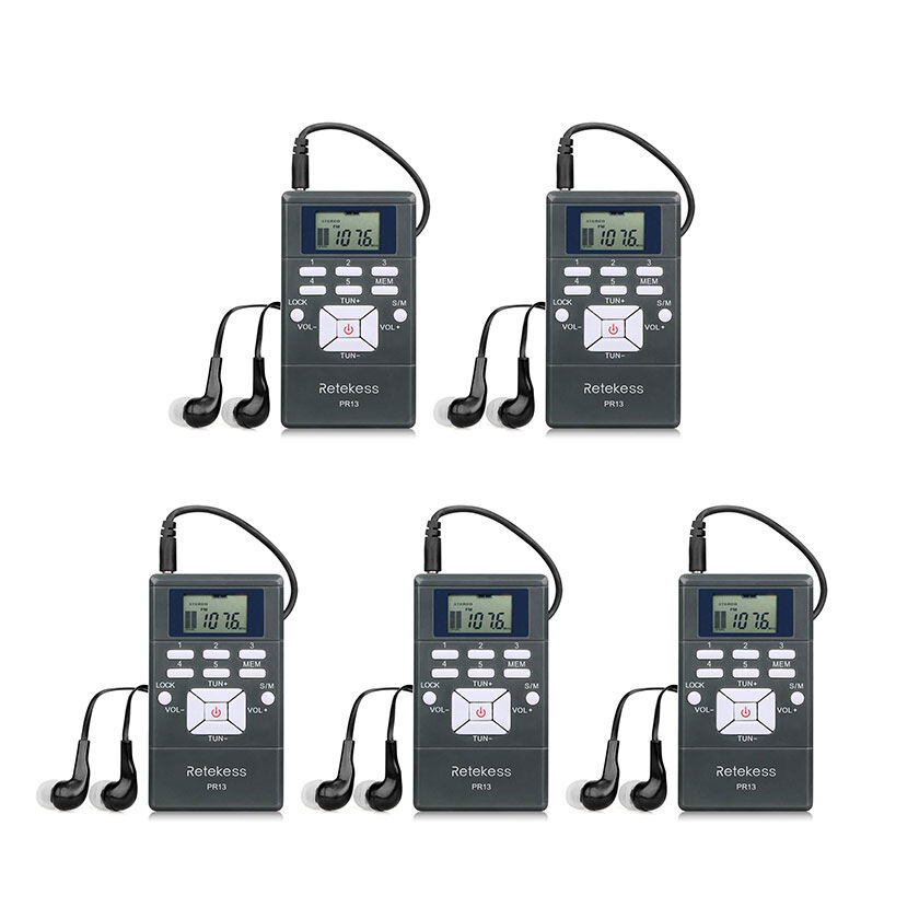 Retekess PR13 Radio FM Di Động Bộ Thu Tín Hiệu FM Với Tai Nghe Stereo Mini Pin AAA Màn Hình LCD Cho Đi Bộ Dịch Tour Du Lịch Hướng Dẫn Hệ Thống Giáo Hội (Màu Xám 5 Pcs)