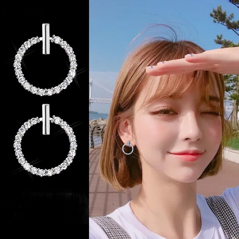 Bông tai trang sức hình tròn hình học đính đá pha lê thời trang