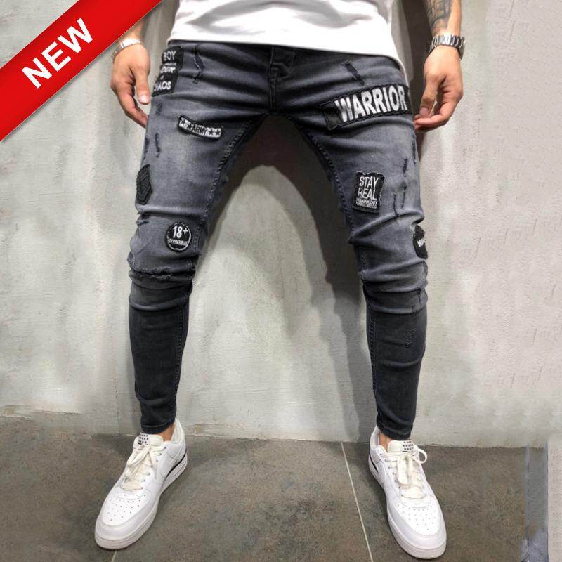 UP  ผู้ชายs สีเทาผอม  UP  BIKER กางเกง Distressed ปัก Ripped DENIM Jeans【ในสต็อก - คุณภาพสูง】