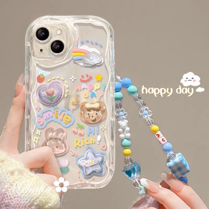 Mrhaha Cream Case+Bear Chain for iPhone 15 14 13 12 11 Pro Max X Xr Xs Max 7 8 14 Plus SE 2020 Ins Fashion Gradient Border Rainbow Rabbit Star Doll Cute Clear Handmade Accessories Beautiful Silicone Protective Cover🌈Ready Stock