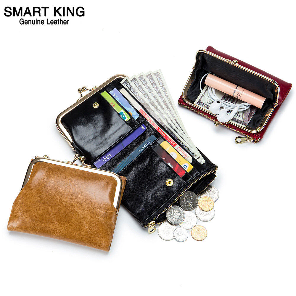Smart king ví ngắn retro mới cho nữ ví đựng tiền xu nữ đa năng bằng da bò thật túi đựng đơn giản