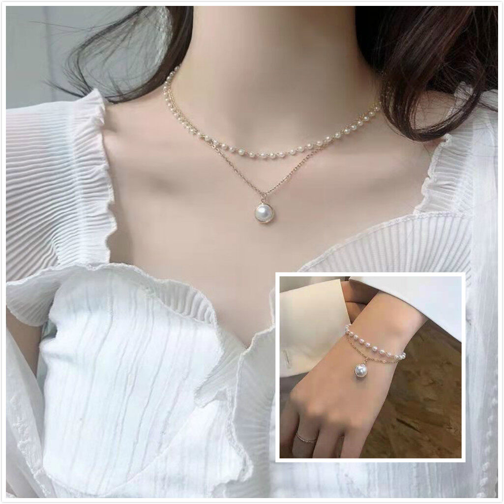Phụ nữ phong cách Hàn Quốc Vòng cổ xếp chồng hai lớp Ngọc trai Phụ nữ Tính khí Đơn giản Hình dạng giọt nước Nhỏ Ngọc trai Cô gái Trang sức Quà tặng