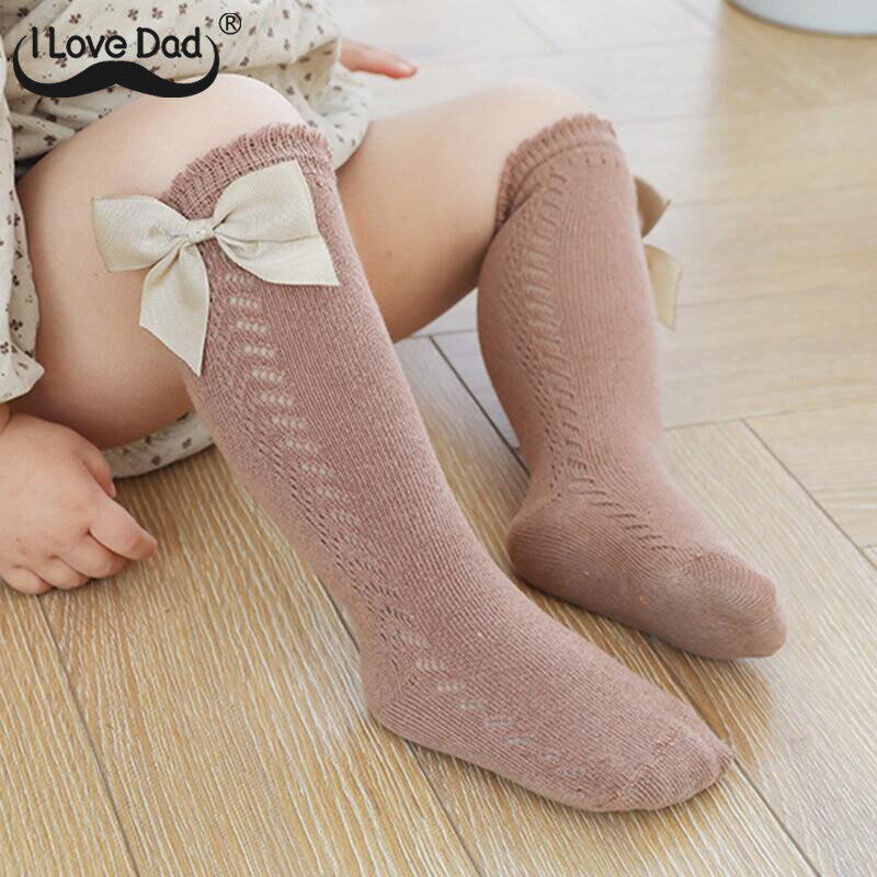 Vớ Trẻ Sơ Sinh Dễ Thương Có Nơ Lưới Mùa Hè Vớ Cao Đến Đầu Gối Cho Bé Gái Vớ Dài Màu Trơn Thoáng Khí Bằng Cotton Mềm Mại Cho Bé Gái