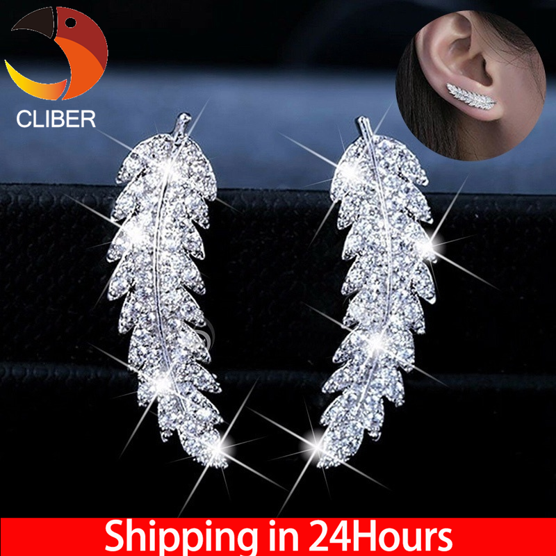CLIBER 1 Cặp Bông Tai Mới Lông Vũ Tuyệt Đẹp Bông Tai Cuff 925 Bạc Vàng 18K Pha Lê Kim Cương Lá Đám Cưới Hoa Tai Cho Phụ Nữ Quà Tặng