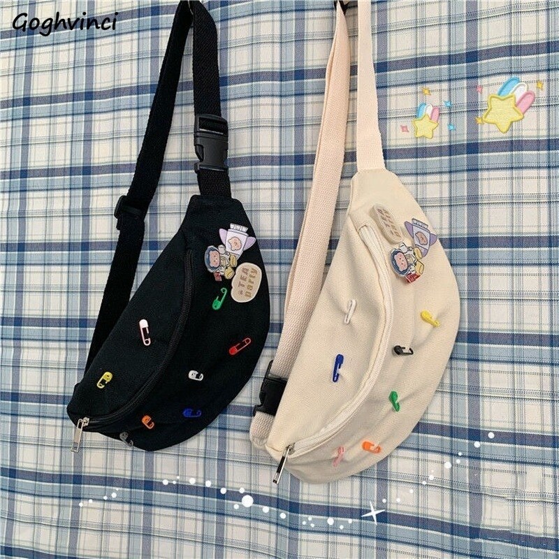[NEW H] Fashion Casual Waist Bags Women Canvas Simple Fanny Belt Pack Brooch Decor Ladies Bum Bag Zipper Cross Body Pouch Students Cute
