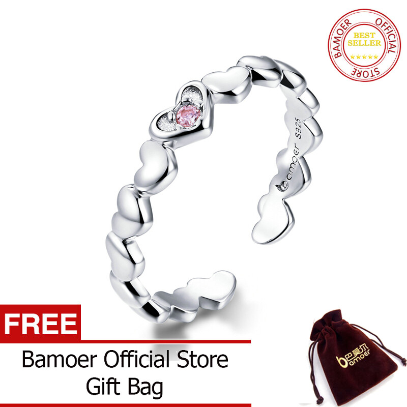 BAMOER Nhẫn Đeo Tay Có Thể Xếp Chồng Trái Tim CZ Màu Hồng Cho Nữ Dây Đeo Có Thể Điều Chỉnh Kích Thước Tự Do Phụ Kiện Trang Sức Bằng Bạc Ý 925 BSR100