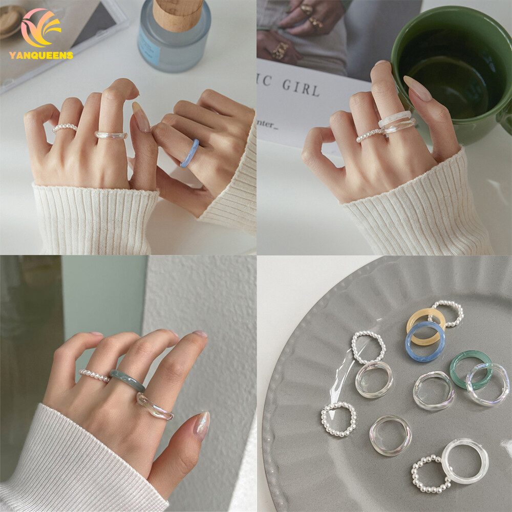 Yanqueens Bộ Nhẫn Ngọc Trai Acrylic Thời Trang 3 Cái/bộ Nhẫn Hạt Nhựa Trong Suốt Cho Nữ Nhẫn Ngón Trỏ Retro Trang Sức