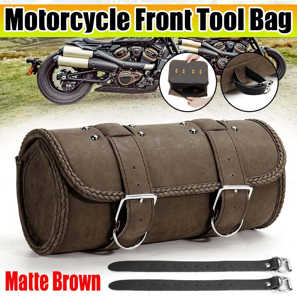 AQWA Leather Tool Roll Saddle Bag Motorcycle Motorbike Luggage Storage Black 