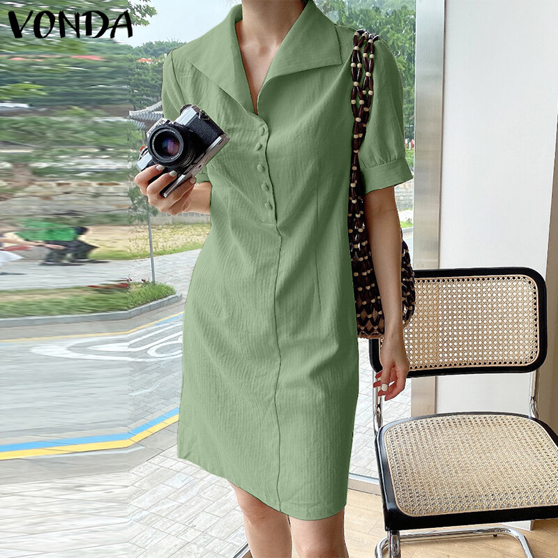 VONDA Women Casual Shirts Collar Soild Shirtdress Elegant Puff Short