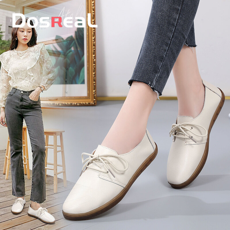DOSREAL Spring Autumn Women Shoes Genuine Lace-up Leather Women Oxford Shoes WhiteBlack flats shoes Ladies casual ladies driving shoes ราคา 550 บาท*ส่งฟรี