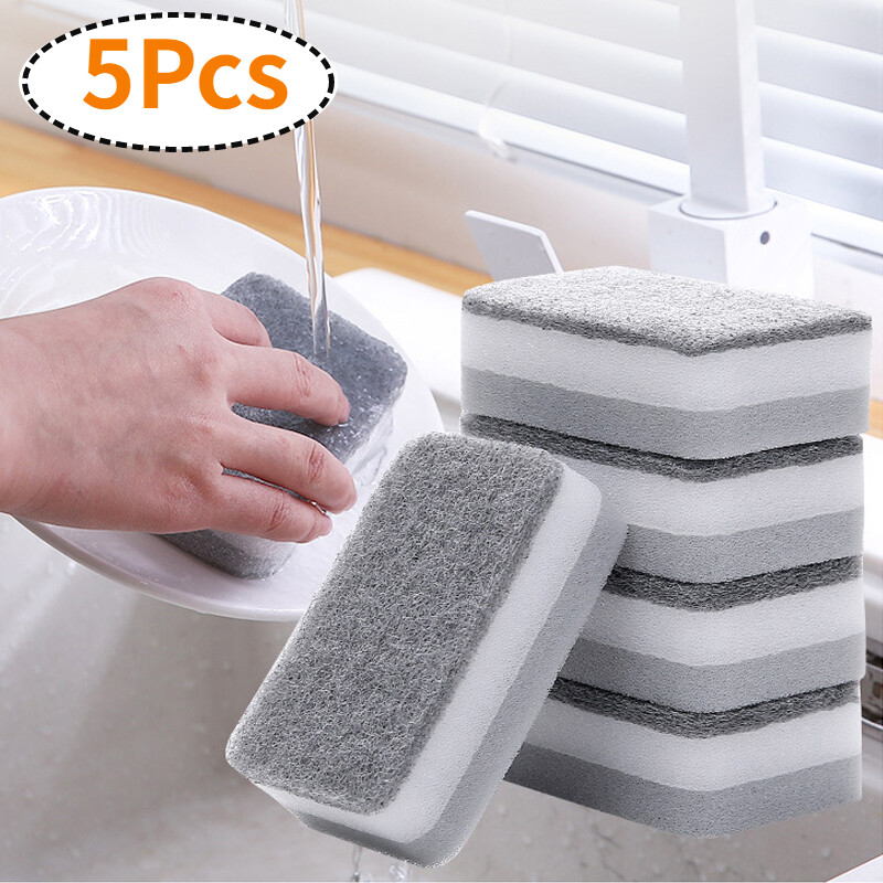 5 miếng bọt biển làm sạch hai mặt màu xám miếng cọ rửa gia dụng miếng bọt biển lau nhà bếp miếng bọt biển rửa chén khăn lau bát phụ kiện