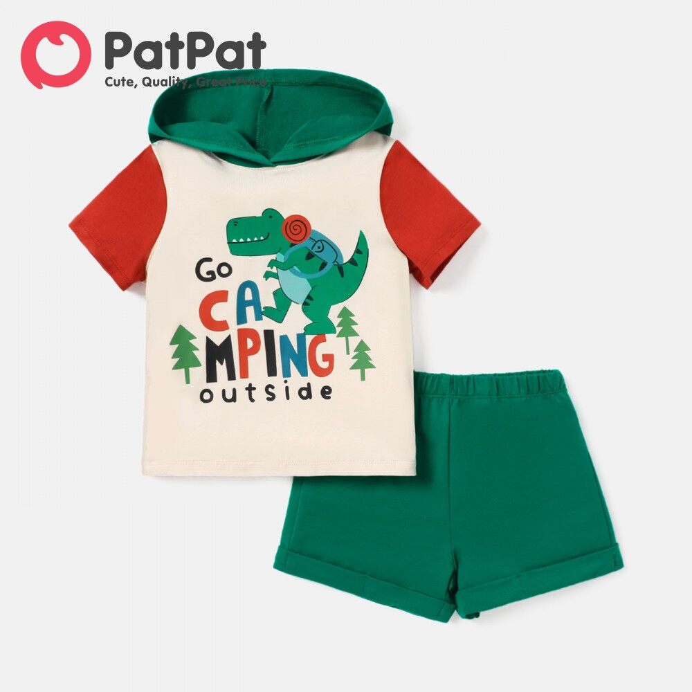 PatPat 2pcs Toddler Boy Cotton Dinosaur Print Colorblock Hooded Short