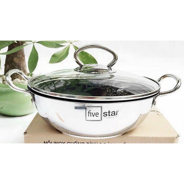 Chảo lẩu inox sâu lòng five star 3 đáy chống dính size 20cm, nắp kính
