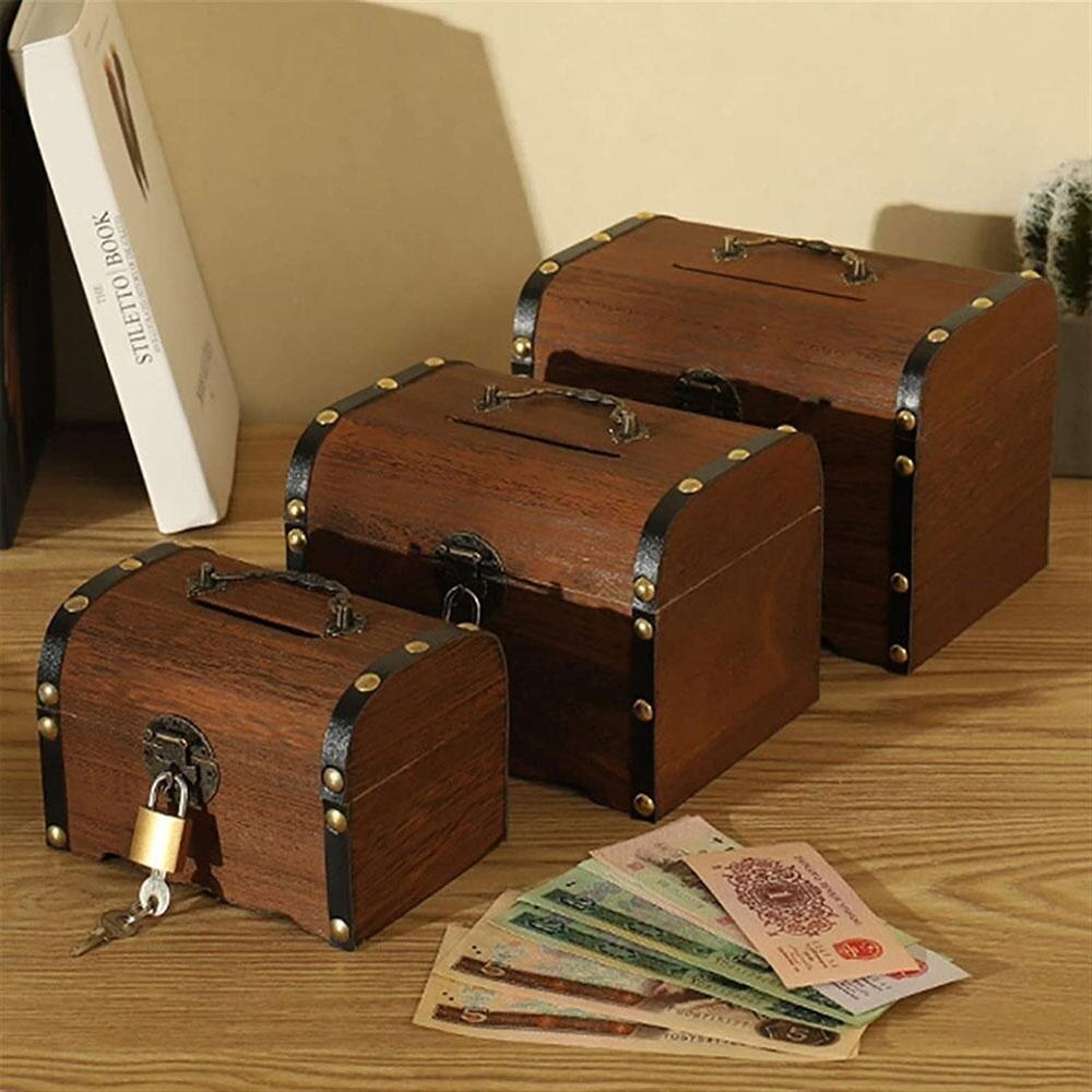hot Large Wooden Piggy Bank Safe Money Box Savings With Lock Wood Carving
