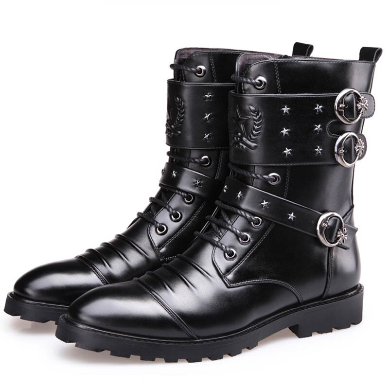 Bốt Mô Tô Da Nam Thời Trang Mới 2023 Bốt Ngang Bắp Chân, Bốt Punk Thắt Lưng Gothic Giày Nam, Giày Chiến Thuật Cỡ 37-44