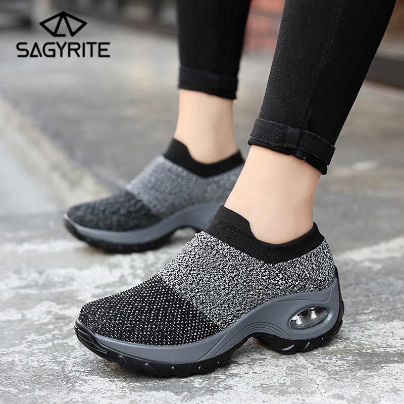 SAGYRITE Women Sneakers Fashion Air Cushion Running Shoes Comfortable Sock Slip-On Shoes Platform Sports Shoes Walking Shoes ราคา 580 บาท*ส่งฟรี