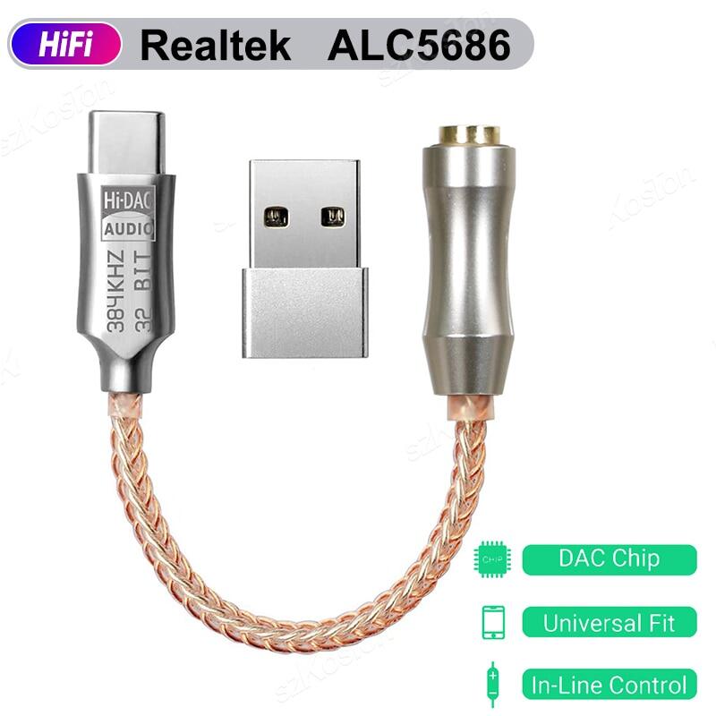 Loại USB C đến 3.5mm âm thanh Inter alc5686 HiFi Tai nghe DAC khuếch đại âm thanh kỹ thuật số giải mã Tai nghe chuyển đổi