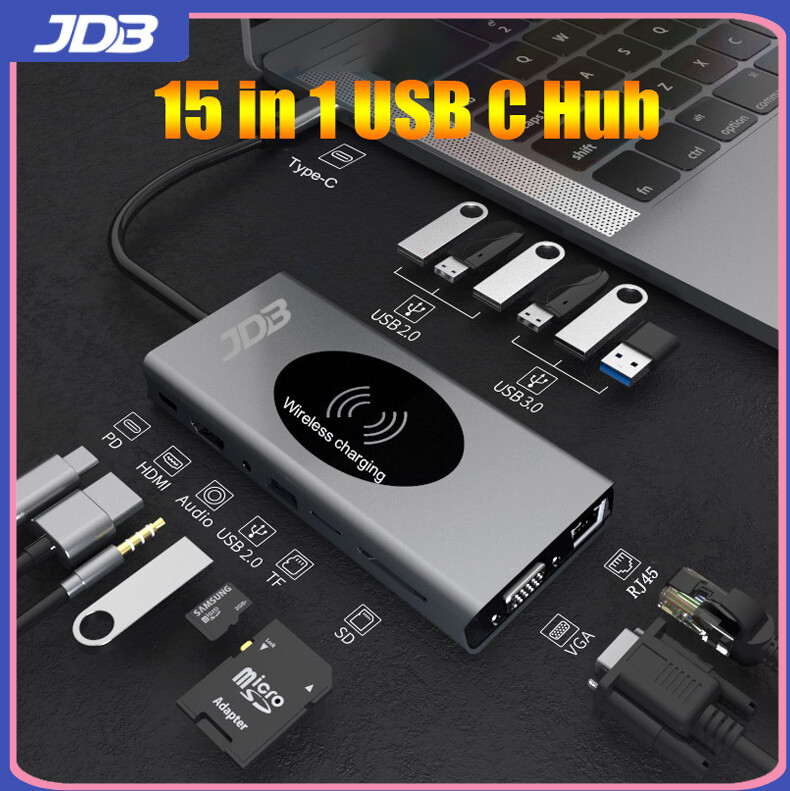 JDB 15 Trong 1 USB Type-C Hub Và 4K HDMI VGA 10W Sạc Không Dây PD100W Sạc Nhanh Tốc Độ Truyền 5Gpbs Cho iPad Pro 2020, Samsung Galaxy S10 S9, Huawei P30, tương Thích Với MacBook, Mac Pro/Mini, Surface Pro, XPS, PS4, Xbox One, Ổ Đĩa Flash, HDD