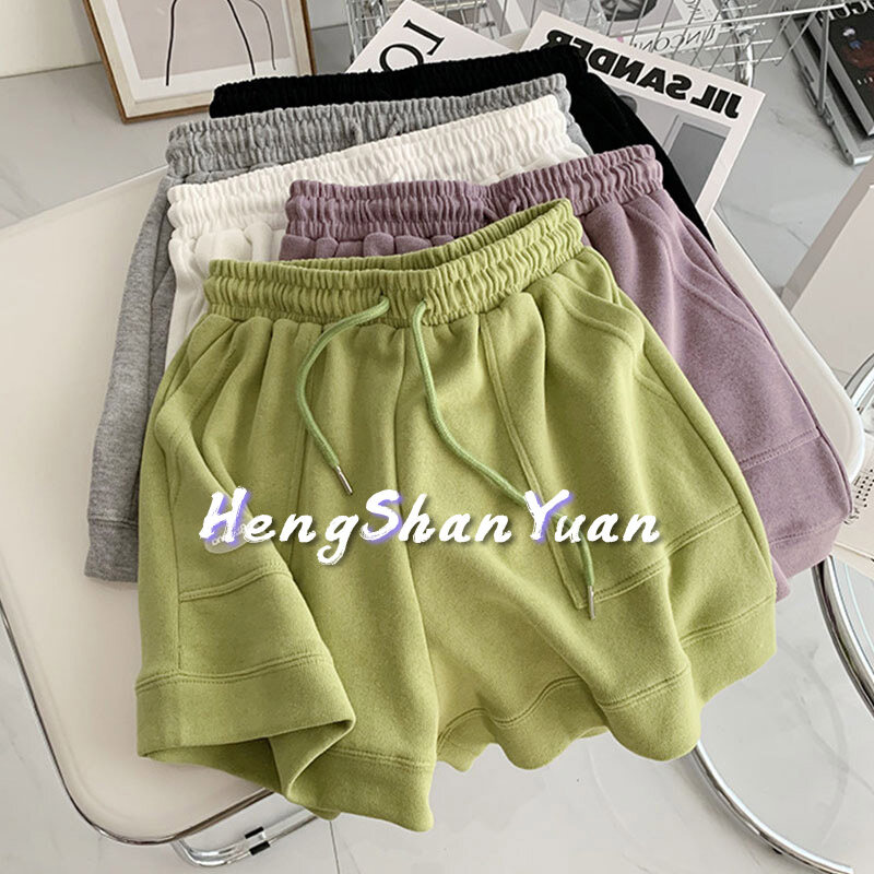 Hengshanyuan quần đùi ống rộng cho nữ 2022 quần đùi ống rộng thể thao thường ngày cạp cao thoải mái và rộng rãi