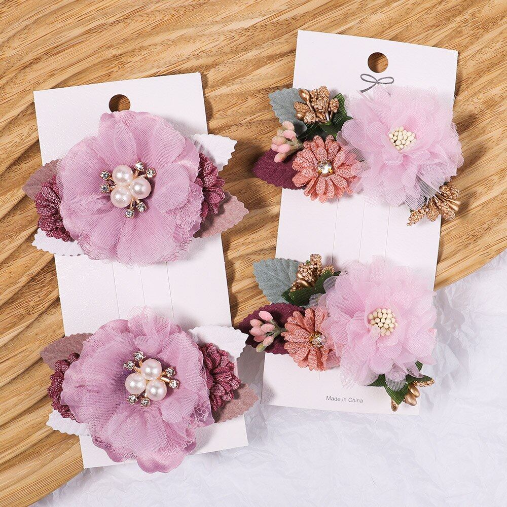 Kidsbows 2 kẹp tóc hoa tím thủ công cho bé gái cái/bộ kẹp tóc ngọc trai cánh hoa voan cho trẻ em phụ kiện tóc trẻ sơ sinh quà tặng giáng sinh