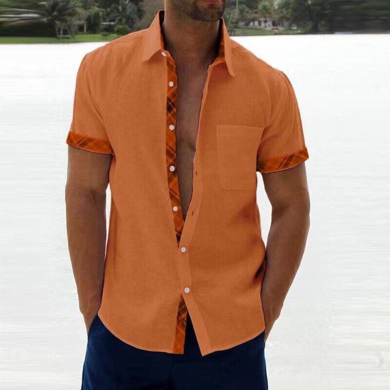 ZZOOI Vintage Plaid Print Mens Patchwork Shirts Fashion Loose Short Sleeve Button Cardigan Tops Men Clothes Spring Summer Casual Shirt
