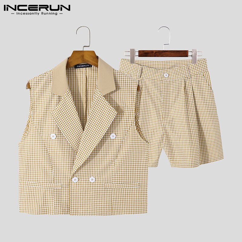 INCERUN Áo Khoác Blazer Có Ve Áo Kẻ Ca Rô Không Tay Cho Nam Bộ Áo Ghi Lê + Quần Đùi Bộ Đồ Trang Trọng (Trang Phục Thường Ngày) #3