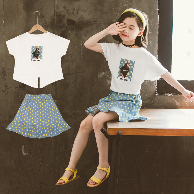 Dots Girls Short Sleeve T-Shirt Skirt Set Summer Girls Suit New Little Girl Polka Dot Skirt Two-piece Fashion Children's Clothing