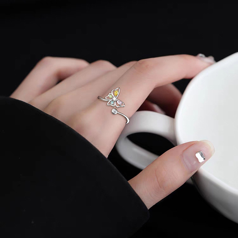 Cầu Vồng Zircon Bướm Nhẫn mở Đồng 925 mạ bạc Cho trang sức nữ