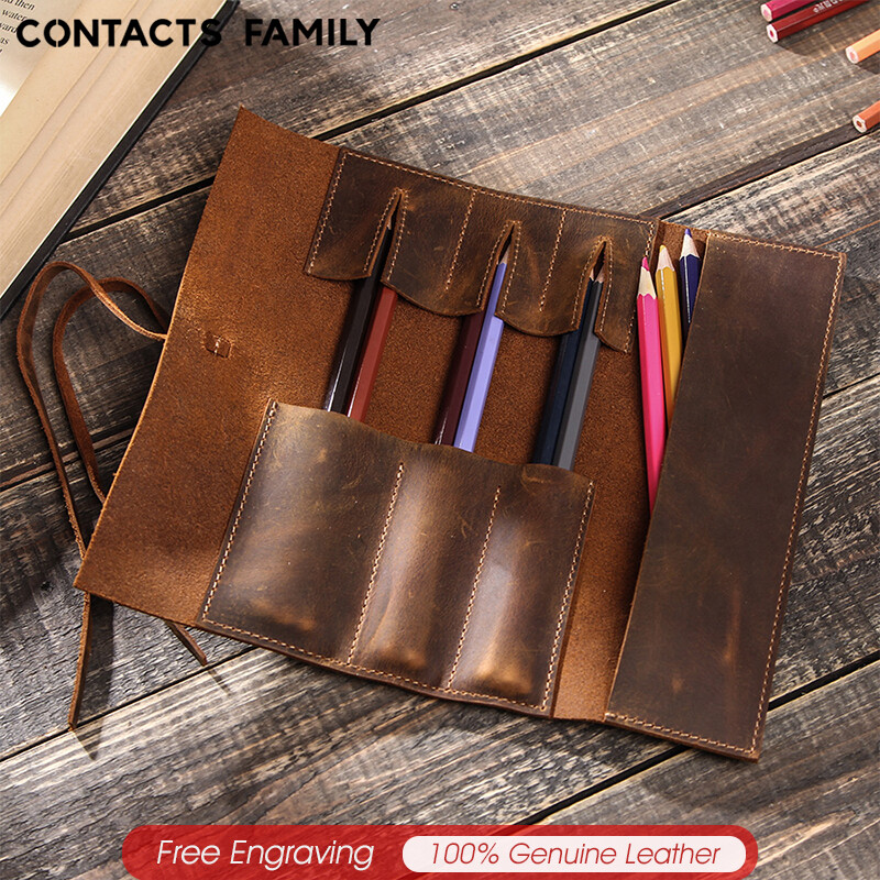 Danh Bạ, Hộp Bút Chì Retro Bằng Da Thật Thương Hiệu Gia Đình Túi Bút CuộN, Túi Đựng Đồ Dùng Học Tập Văn Phòng Phẩm