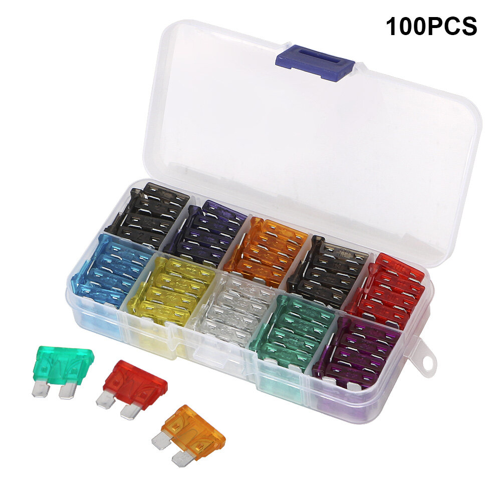 Bộ 100 cầu chì loại lưỡi tự động cầu chì xe tải ô tô các loại kẹp dụng cụ cầu chì 2a 3a 5a 7.5a 10a 15a 20a 25a 30a ampe 35a 40a, có hộp
